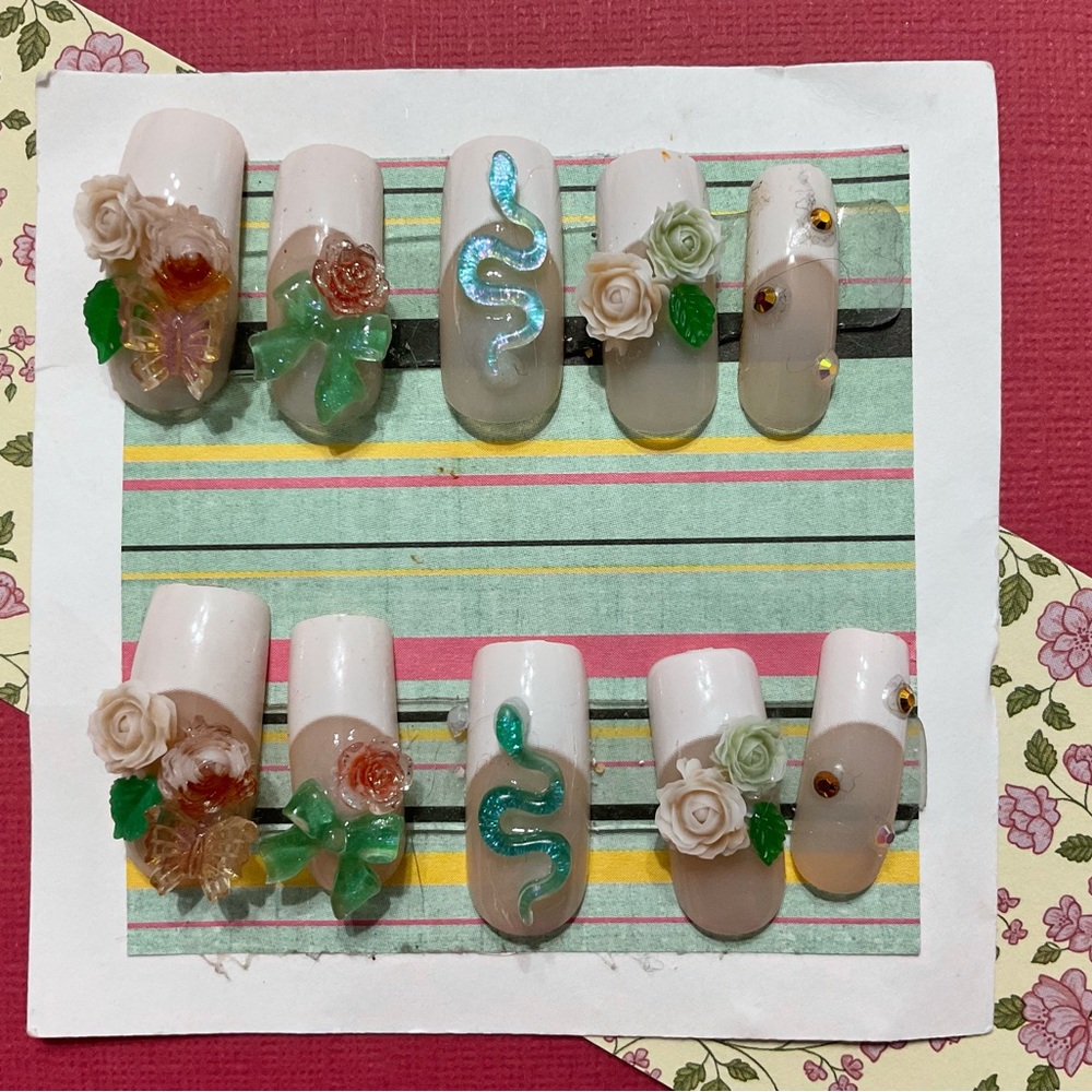 Floral & Snake Press On Nails Set~French Tips Collection~Size Small #106
